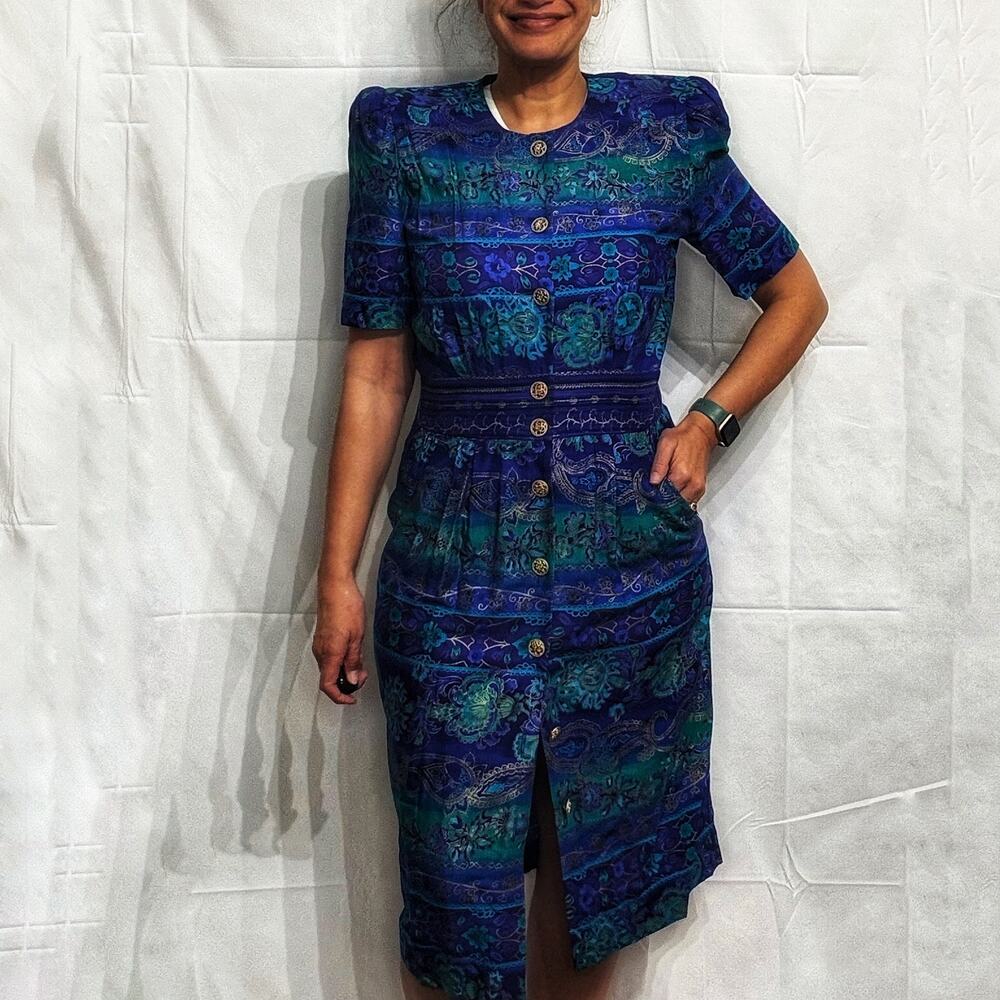 Positive Attitude Blue Lotus Print Button Down Midi Dress Sz 10